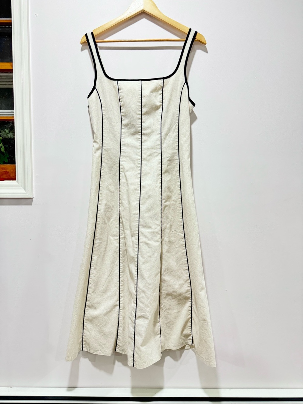 RIHOAS Style Black Contrast Trim Linen Blend Midi Dress Size L